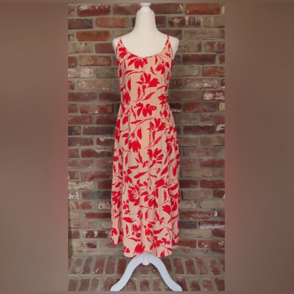 LOFT OUTLET red and peach floral a line midi dress size small
